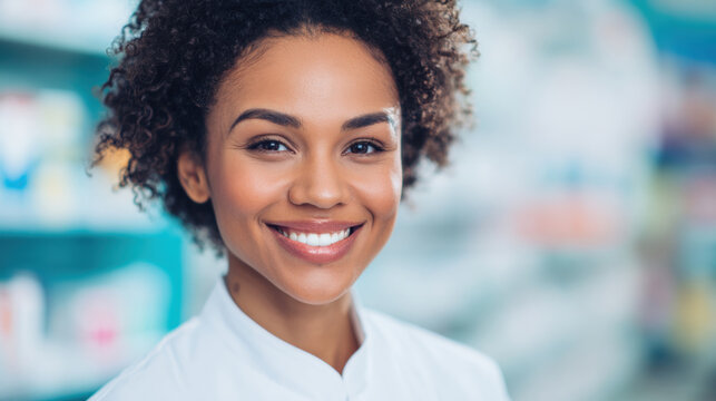 Friendly pharmacist smiles in pharmacy during business hours