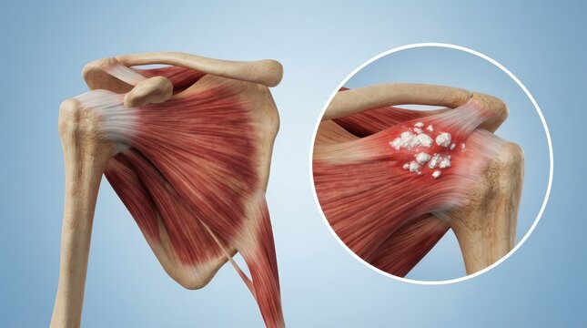 Detailed anatomical view of the human shoulder with calcific tendinitis and rotator cuff inflammation