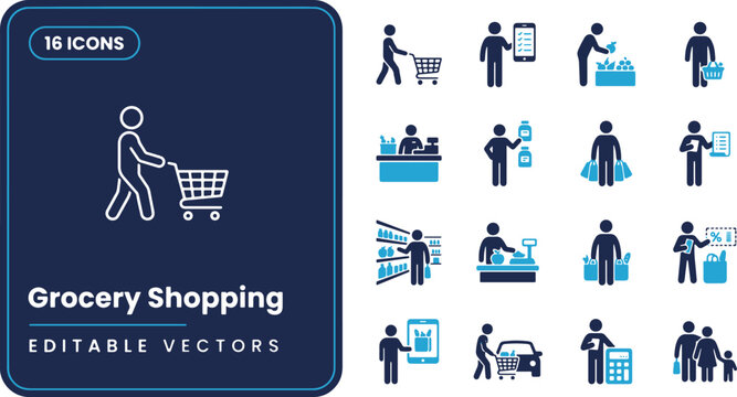 Set of sixteen vector icons representing various customer activities and behaviors during grocery store shopping experiences