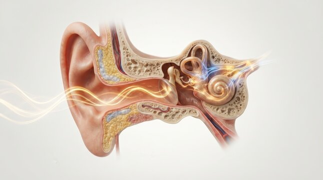 Anatomy of the human ear with sound waves traveling to the cochlea in a medical illustration
