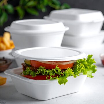 A sandwich with lettuce, tomato, and meat in a white takeout container