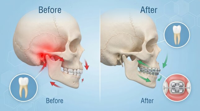 Before and after comparison showing orthodontic treatment for jaw misalignment and tooth position.