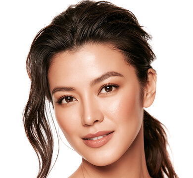 Asian woman with clear, radiant skin creates a minimal beauty portrait ideal for skincare branding, wellness campaigns, and elegant cosmetic visuals.