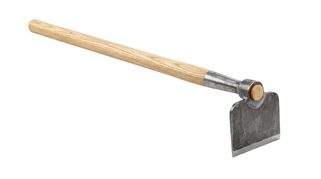 Garden hoe tool with wooden handle on white background