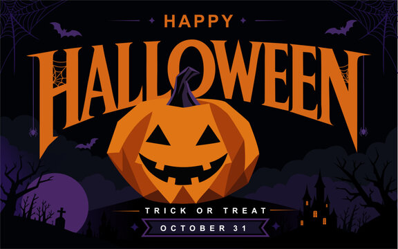 Spooky Happy Halloween banner featuring a glowing jack o lantern, haunted castle, bats, and moonlit night. Perfect for October celebrations, party invitations, social media, and festive promotions.