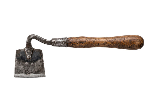 Vintage hand garden hoe with wooden handle on white background