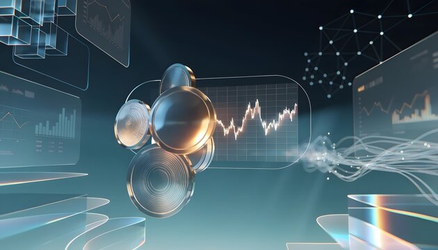 Decentralized crypto finance network and digital currency assets. Blockchain stock trading interface. Golden virtual tokens hovering near abstract trading market growth chart