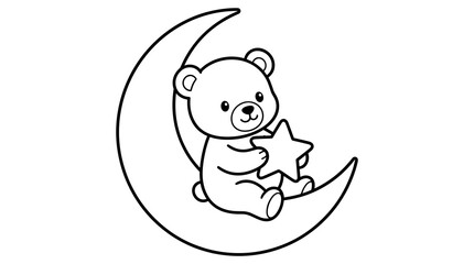 Cute Baby Bear Cub Sitting on Crescent Moon Holding a Star, Black and White Outline Illustration for Coloring Pages, Adorable Animal Character Design © Riski