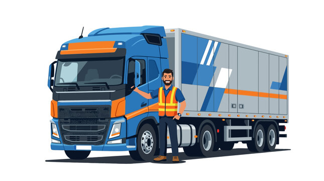 Vector illustration of a male driver with a semi truck.