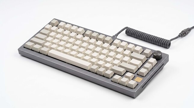 Modern custom mechanical keyboard with retro off white keycaps coiled cable and volume knob on white background