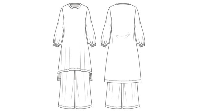 Tunic and trousers ensemble displays a modern two-piece outfit design with front and back views for high-end fashion production and apparel pattern creation.