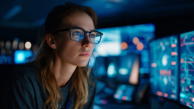 Focused female professional monitoring complex digital data streams in a dark high tech control center with monitors multiple glowing captures focused woman