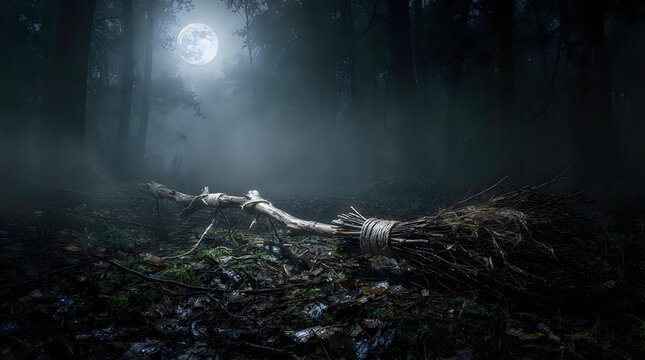 Mystical witch broom on dark forest floor, spooky moonlit woods with fog and mist, cinematic halloween background with magical atmosphere for halloween 4k