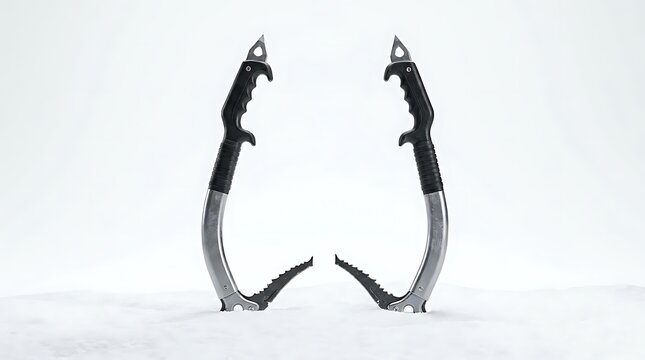 A pair of professional ice climbing tools stuck in the snow, representing equipment used for high-altitude ice climbing stunts and mountaineering sport.