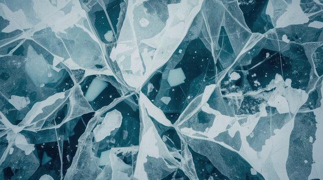 Aerial view of cracked frozen lake with blue ice and delicate fractures creating serene pattern