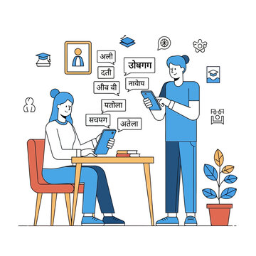 People using mobile app for universal language translation and global communication