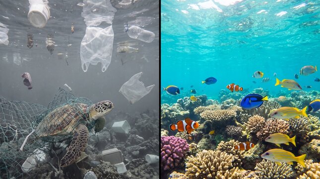 Plastic vs. Nature in the Ocean: Split screen underwater view, left side filled with plastic pollution, bags, bottles, and a sea turtle tangled in a net