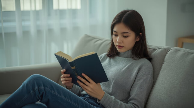 Young woman reading novel on sofa, relaxed and focused expression