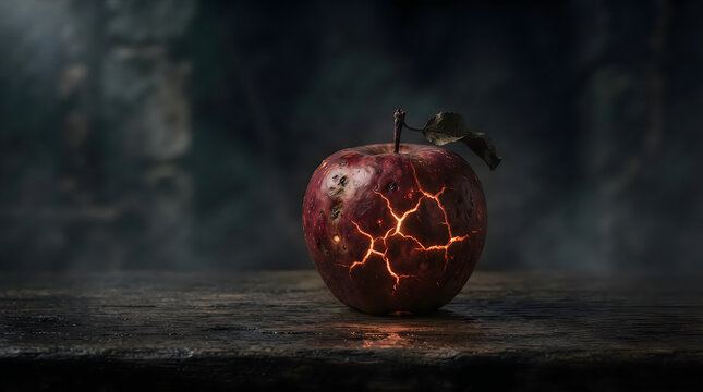 Mystical glowing cracked apple on rustic wood, dark fantasy forbidden fruit with fiery light, cinematic red apple on weathered table for halloween 4k