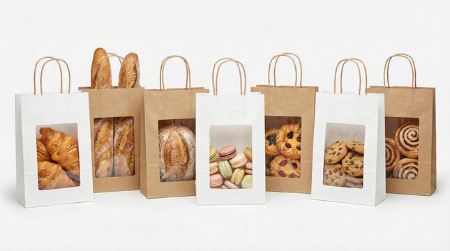 Bakery bags with transparent windows containing assorted pastries  