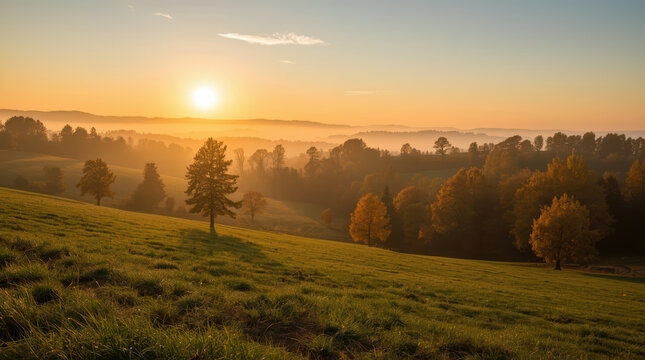 Autumn sunrise grassland sunrise rolling grassland mist tree morning golden light meadow