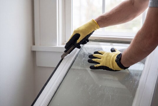 Person wearing yellow gloves using a utility knife on a window frame indoors