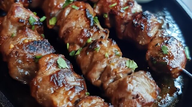 Glazed meat skewers on a dark plate, garnished with herbs