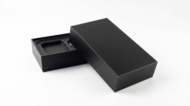 Black empty gift box with lid isolated on a white background, mockup template for product packaging design