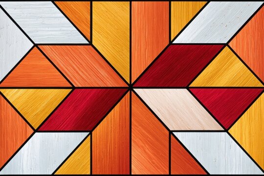 Abstract geometric stained glass pattern with warm red orange and yellow panels centered design