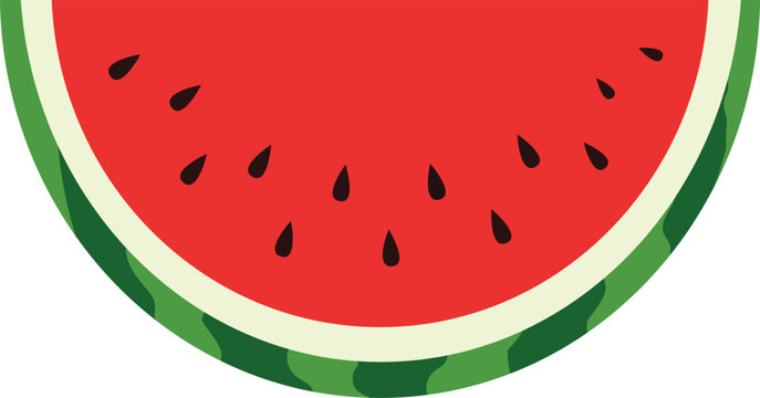 a half-circle watermelon slice featuring bright red pulp, black seeds, white inner rind, and green outer skin