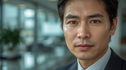 Fototapeta premium Confident Asian businessman portrait close up in office setting with soft cinematic mood