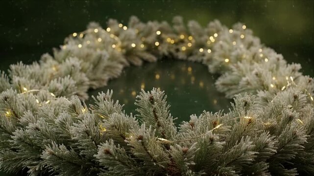 Christmas wreath with frosted pine needles, frosted fir branch, evergreen garland, warm fairy light, and holiday decor on dark green background for winter season