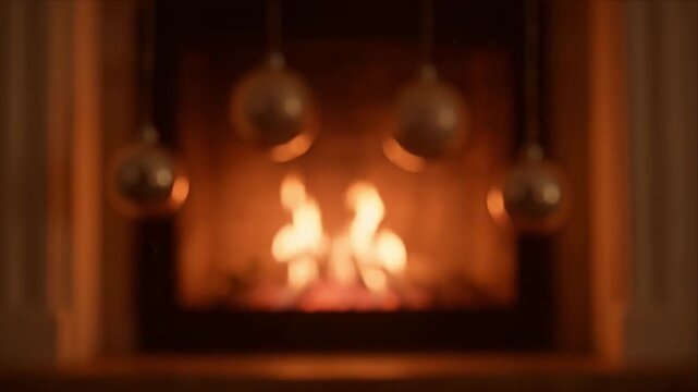 Fireplace warm glowing blurry holiday cozy indoor festive fire decoration with warm fireplace glow christmas holiday cozy home interior hanging ornament soft firelight festive mood christmas