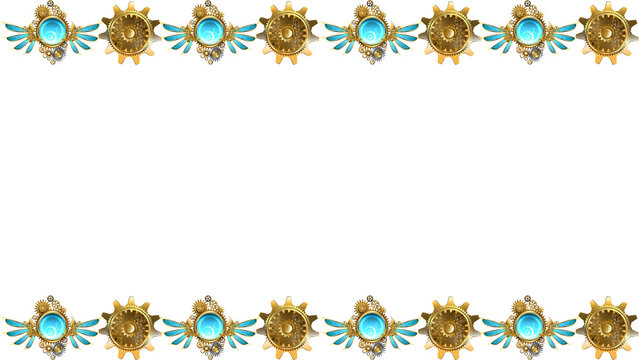 Steampunk border with mechanical gears and winged gems. Victorian fantasy frame with gold clockwork and blue crystals on white.