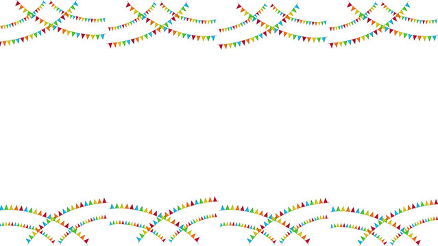 Colorful party bunting border on white background. Festive rainbow pennant flags frame. Decorative celebration garland for birthday invitations.