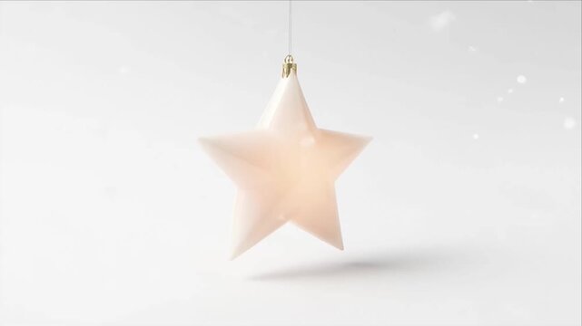 Christmas star ornament hanging on white background with soft light and falling snow for holiday decoration and seasonal greeting card design festive minimal winter mood