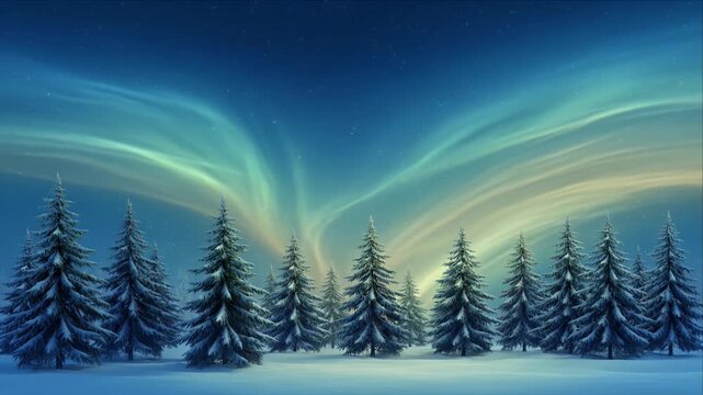 Christmas winter forest with snow covered pine tree under aurora sky, northern lights over snowy pine forest in serene blue night landscape