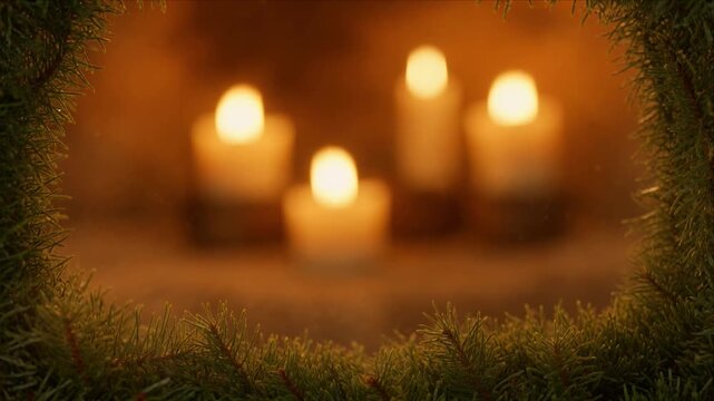 Cozy Christmas candle bokeh background with soft warm glow, evergreen frame, festive holiday mood, pine wreath light, warm cozy winter decor for greeting and still life scene