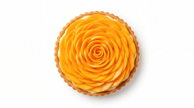 Top view of Mango rose tart pastry isolated on pure white background, no shadow.