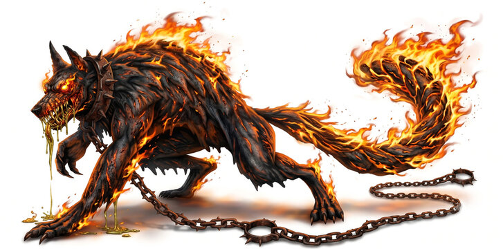 Mythical fiery canine creature on transparent background