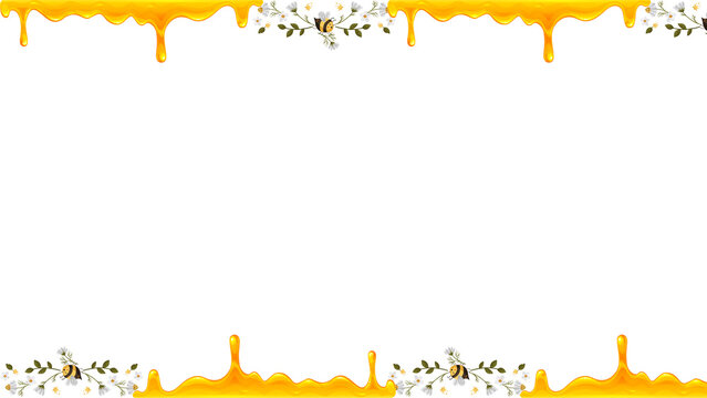 Golden dripping honey border with honeybees. Sweet liquid nectar frame on white background. Organic honey syrup drips for food packaging.