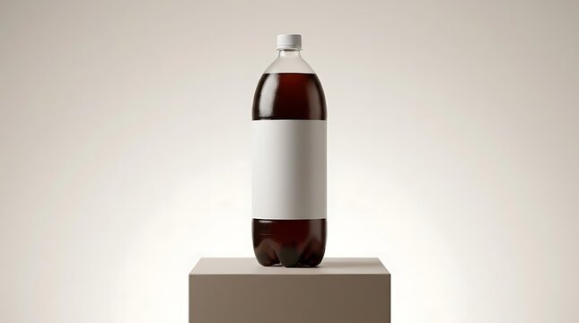 2 liter soda bottle with a blank label standing on a pedestal against a neutral background for product packaging design mockup and advertising template