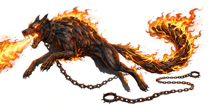 Mythical fire wolf unleashing fiery breath with chains