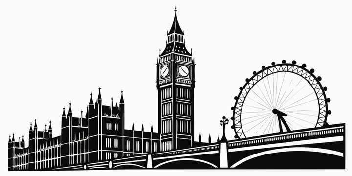 Black and white clock tower and bridge silhouette, london landmarks big ben thames river