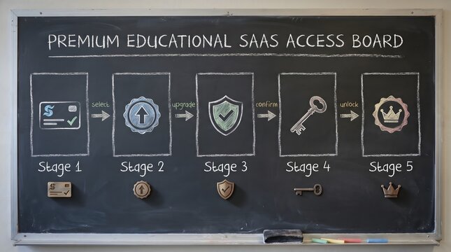 Educational SaaS workflow diagram on chalkboard. Five stage business process flow chart.