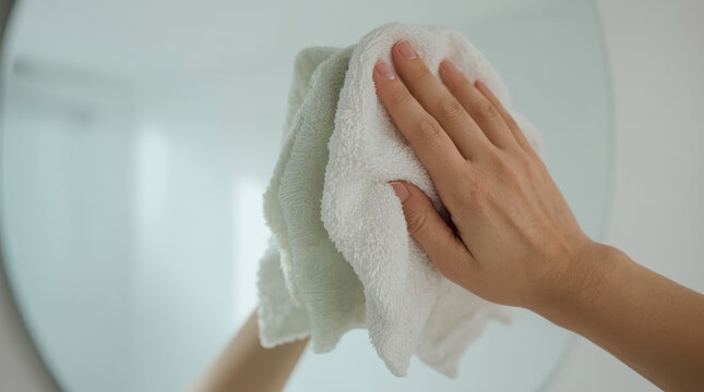 Close up of hand wiping round bathroom mirror with soft white cloth, gentle motion