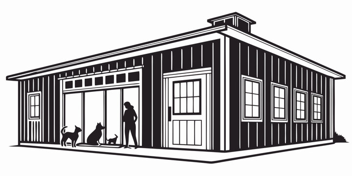 Black and white silhouette of animal shelter with dogs outside kennels