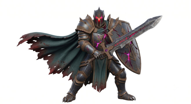 Warrior in dark armor with glowing sword and shield
