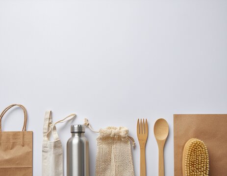 Eco friendly zero waste household essentials on white background