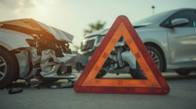 Emergency warning triangle roadside accident scene with two damaged cars and sunlight glare